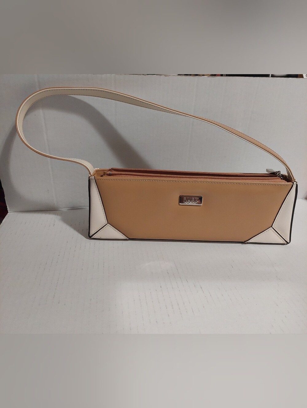 Ruby London Y2K Tan and Cream Shoulder Bag with Sleek Rectangular Silhouette